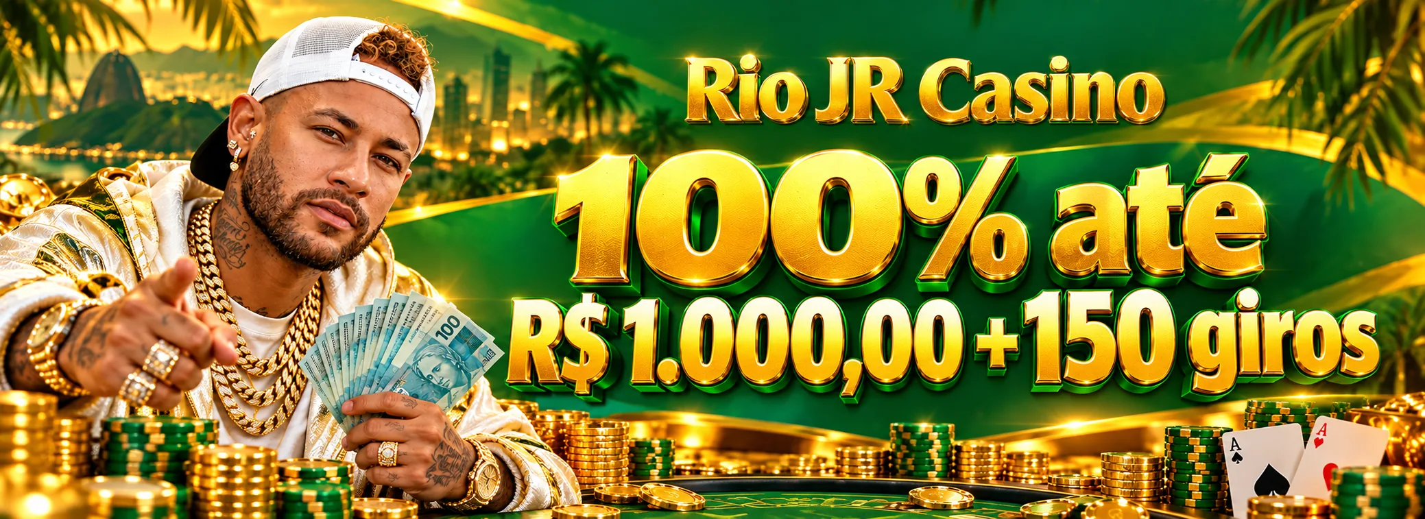 Rio JR Casino — Bônus de boas-vindas de 100% até R$ 1.000,00 com 150 giros — 100% até R$ 1.000,00 + 150 giros
