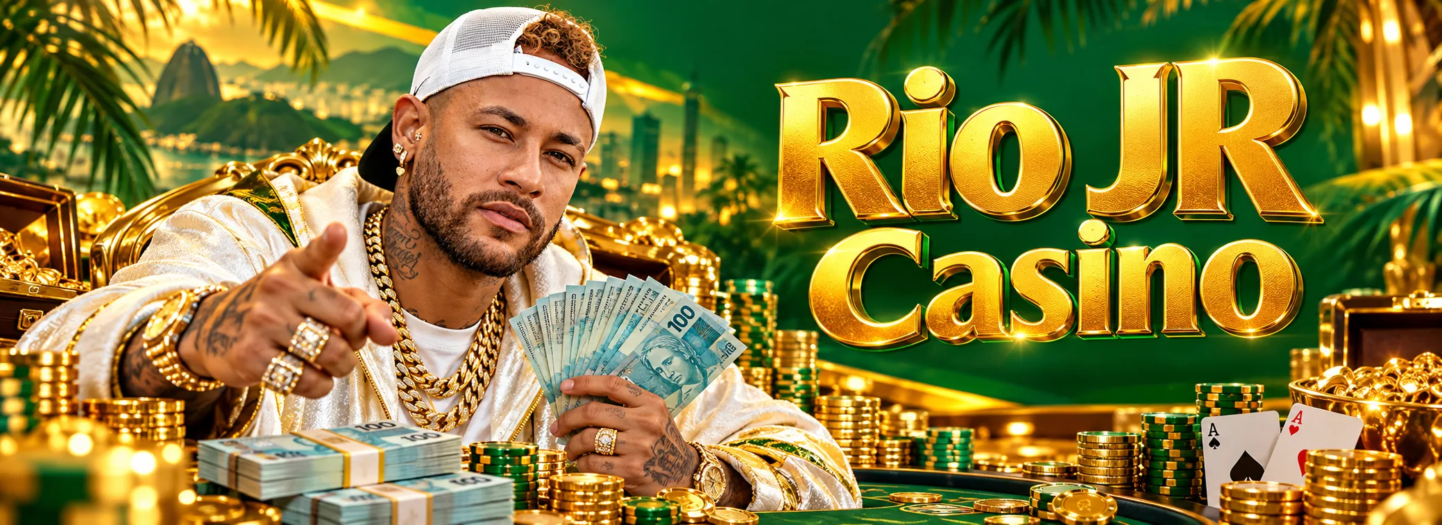 Banner do Rio JR Casino em verde e ouro com o bônus de 100% até R$ 1.000,00 e 150 giros
